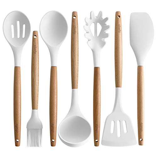 Silicone Cooking Utensils  Wooden Handle Non-Stick Cookware Heat Resistant Kitchen Utensil Spatula Slotted Solid Spoon Soup Ladle Slotted Turner and Spaghetti Server White