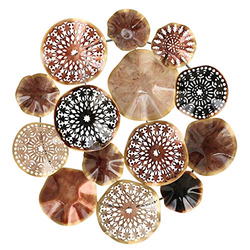 Modern Metal Wall Decor 285 x 29 Inches Round Attached Circles Copper Gold and Brown Shapes Enameled and Painted Iron Shimmery Abstract 3-D Bas Relief Sculpture Hanging Loops on Back