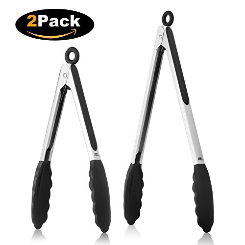 Benewell 2 Pack Kitchen Food Tongs 9 12 Stainless Steel Cooking Tongs with Silicone Rubber Tips and Locking Design for Salad Snake BBQ Grilling Food Serving and More - Black