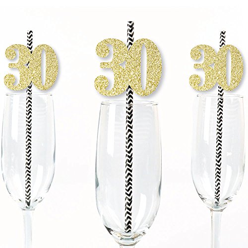 Gold Glitter 30 Party Straws - No-Mess Real Gold Glitter Cut-Out Numbers Decorative 30th Birthday Party Paper Straws - Set of 24