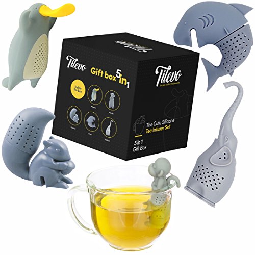 Tilevo Tea Infuser Set of 5 - The Cute Loose Leaf Silicone Tea Steeper Ball Strainer Diffuser with Gift Box - Includes Animal Monkey Platypus Elephant Squirrel and Shark