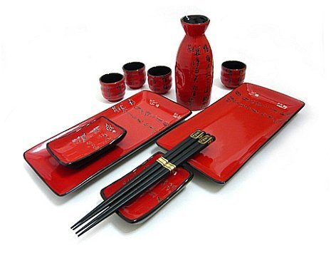 MySushiSet - 11 PCS Scarlet Red Sushi and Sake Set for Two with Chinese Script