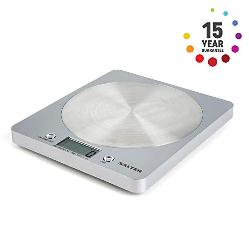 Salter Digital Kitchen Weighing Scales - Slim Design Electronic Cooking Appliance for Home  Kitchen Weigh Food up to 5kg  Aquatronic for Liquids ml and fl Oz 15Yr Guarantee - Silver