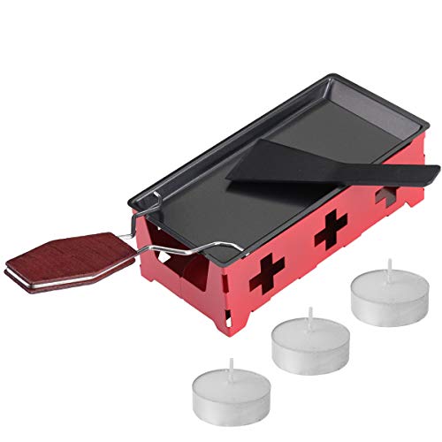 Mini Tea Light Raclette Set with Spatula 3 Tealights - Foldable - Non-stick - Wooden Handle Red