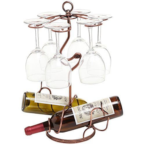 Freestanding Scrollwork Bronze Metal 2 Wine Bottles  6 Wine Glass Stemware Storage Display Rack Stand