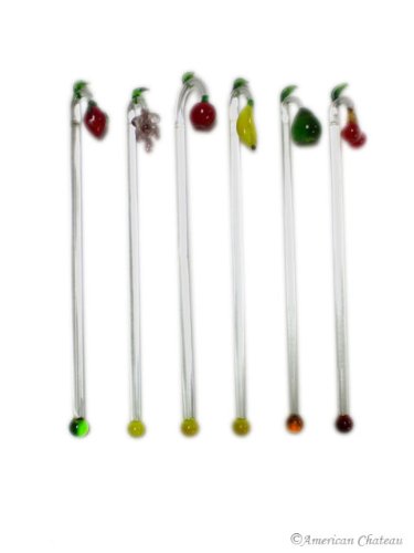 Set 6 Blown Art Glass Fruit Stir Swizzle Sticks