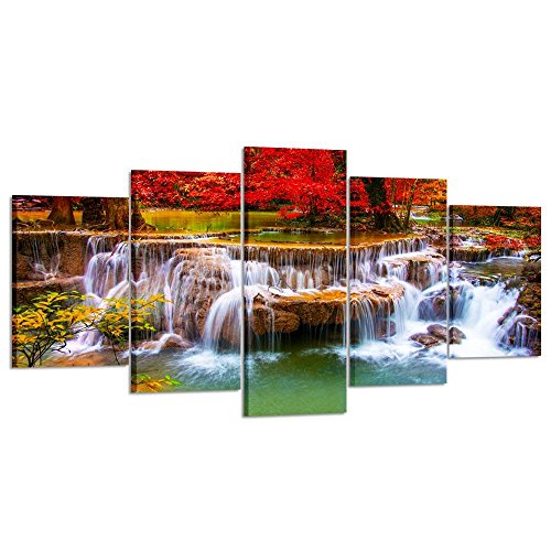 Kreative Arts XLarge Canvas Print for Living Room Decoration Stretched 5 Panels Green Dreamlike Waterfall Painting Wall Art Picture Print on Canvas- High Definition Modern Home Decor