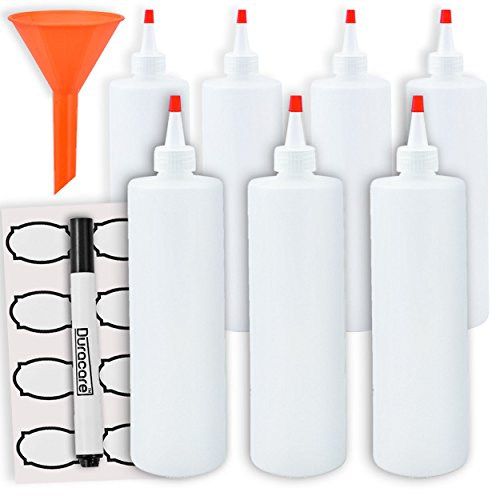 Duracare Plastic Squeeze Bottles 7 Pack Condiment Squirt Bottles 16 Ounces with Caps Includes Funnel Erasable Marker and Reusable Labels - for Sauces Salad Dressings Arts and Crafts - BPA Free