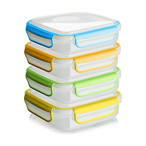 Snap Fresh - 4 Pack of Sandwich Containers 450 ml - Reusable BPA Free Plastic Snap Lock Shut Lids and Silicone Seal Great for Fruit Salad Lunch Box Snacks and Food Storage Kids and Adults