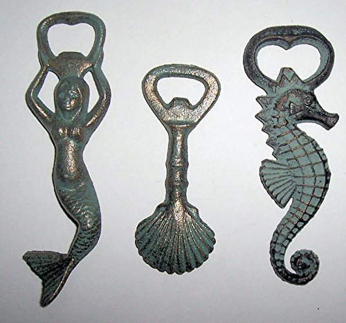 ABC Products - Heavy Cast Iron - Set of 3 - Ocean Design Bottle Openers - Hand Held Mermaid Hand Held Boat Anchor - Wall Hung Star Fish - Vintage Style -  Great Gift Collection