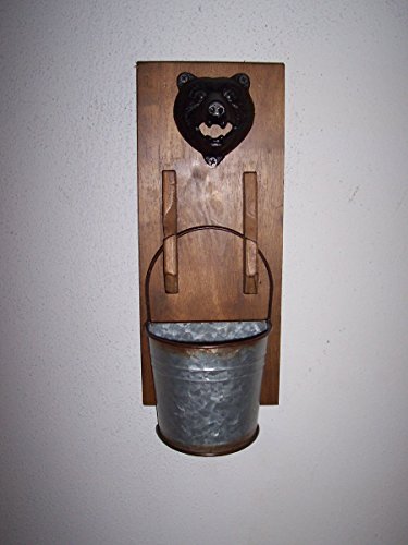 ABC Products - Wood Plaque Bottle Opener - Black Bear Bottle Opener - Galvanized Removable Metal Bucket Catch Caps - Plaque Walnut Stained - Black Bear Cast Iron - Satin Back Color