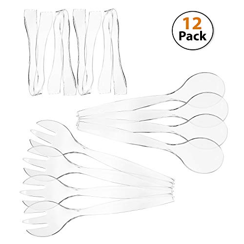 Set of 12 - Heavy Duty Disposable Plastic Serving Utensils Four 10 Spoons and Forks Four 6-12 TongsClear