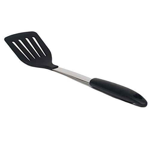 Culichef Silicone & Stainless Steel Spatula - Black Slotted Spatula Turner - High Quality Non Stick Heat Resistant