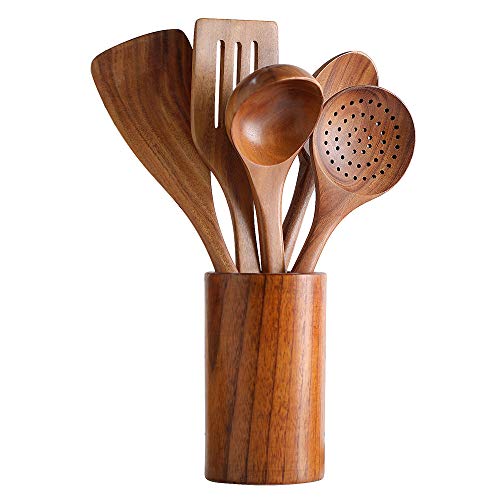 Healthy Cooking Utensils Set Wooden Cooking Tools and storage wooden barrel- Natural Nonstick Hard Wood Spatula and Spoons - Durable Eco-friendly and Safe Kitchen Cooking spoon set of 6