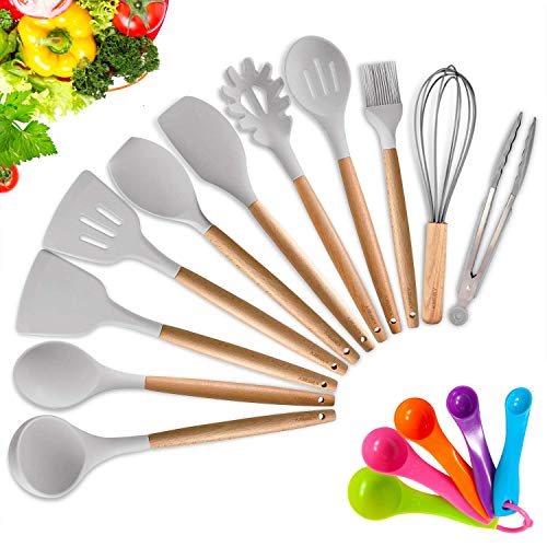 KINFAYV Silicone Cooking Utensil Kitchen Utensil Set16 PCS Acacia Wooden Cooking Tool Spoons Spatula Turner Tongs Measuring Spoon Nonstick Nontoxic BPA Free Heat Resistant Kitchen Tools Light Grey