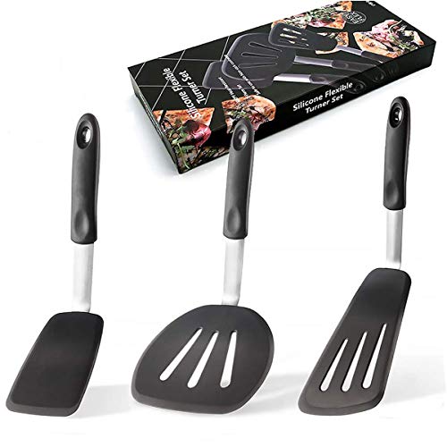 Kitchen Spatula Set Cooking TurnerNonstick Silicone Metal Utensils Stainless Steel of FishWide Slotted Spatula High Temp Rubber Cooking Turner for Scrambled Eggs Pancakes Cookies Flipping Pressing