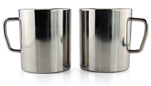 Stainless Steel Double Wall Mugs 2-Pack For Kids Camping Etc 10-Ounce Capacity Brushed Metal Coffee Cups wDouble Wall Insulation