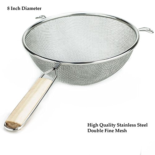Huji Stainless Steel Fine 8" Double Mesh Strainer Colander Sieve Sifter With Wooden Handle For Kitchen Food Rice