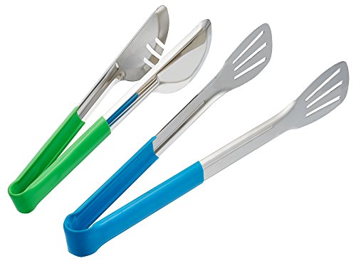 TeamFar Kitchen Cooking Tongs Stainless Steel Food Salad Serving Tongs with Silicone Cover Handle Non Slip Rust Proof - Set of 2 Blue  Green