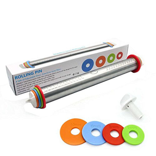 17L Inch x 25D Inch Adjustable Baking Rolling Pin with Removable Multicolored Rings for Kids Dough Pizza Pie Cookies Stainless Steel