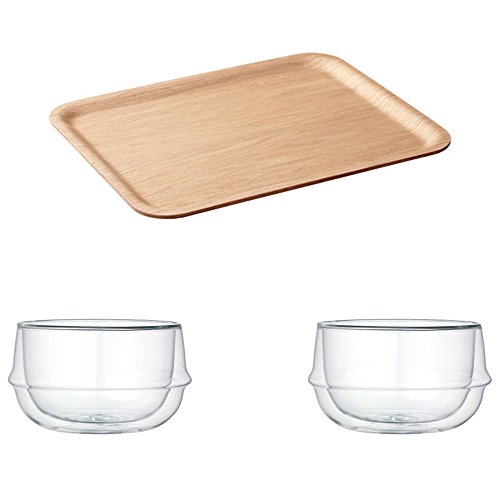 KINTO 142 inch Nonslip Rectangular Willow Tray and Two KRONOS Double Wall Glass Soup Bowl Set of 3
