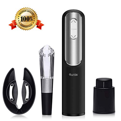 Electric Wine Bottle Opener - Quntis Automatic Corkscrew Wine Opener - Cordless Red Wine Cork Opener - Rechargeable Wine Opener with Foil Cutter Pourer Vacuum Stopper - Elegant Black