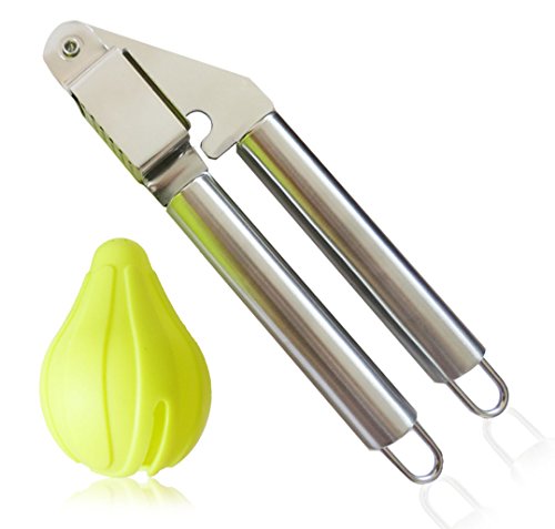 Garlic Press And Peeler Best Set. Stainless Steel Kitchen Minced Garlic Cloves Crusher + Silicone Vegetable Peeler