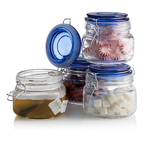 Klikel Square Glass Kitchen Storage Canister Jars - Crystal Clear Food Storage Jars With Blue Lid And Bail Trigger Hermetic Seal - 16oz set of 4