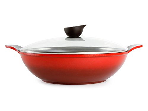 Wok with Glass Lid - Two-Handled 14-inch Ceramic Nonstick in Red by Neoflam