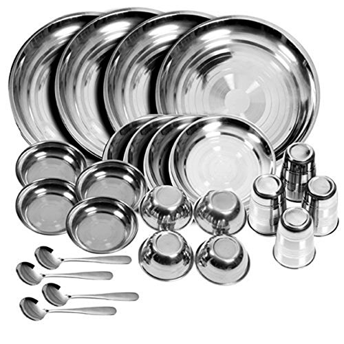 PARIJAT HANDICRAFT BPA Free Stainless steel Dinner Set Of 24 Pieces Glass Curry Bowl Desert bowl Spoon Quater Plate and Full Plate