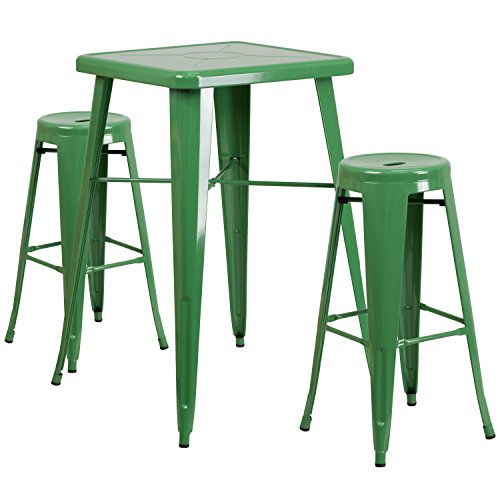 Flash Furniture 2375 Square Green Metal Indoor-Outdoor Bar Table Set with 2 Round Seat Backless Barstools