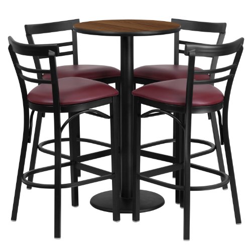 Flash Furniture 24 Round Walnut Laminate Table Set with 4 Ladder Back Metal Barstools - Burgundy Vinyl Seat