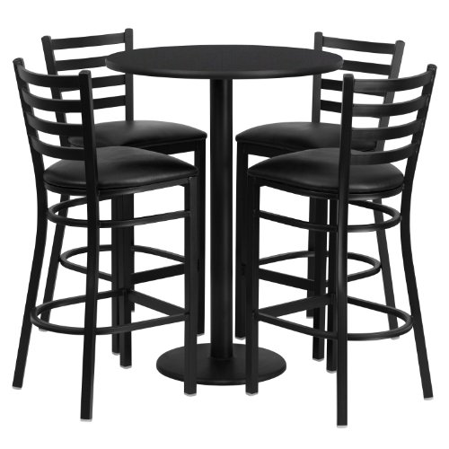 Flash Furniture 30 Round Black Laminate Table Set with 4 Ladder Back Metal Barstools - Black Vinyl Seat