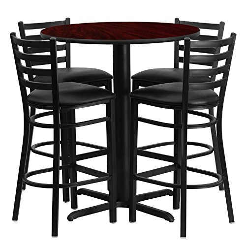 Flash Furniture 30 Round Mahogany Laminate Table Set with 4 Ladder Back Metal Barstools - Black Vinyl Seat