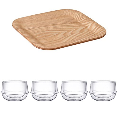 KINTO 63 inch Nonslip Square Willow Tray and Four KRONOS Double Wall Glass Tea Cup Set of 5