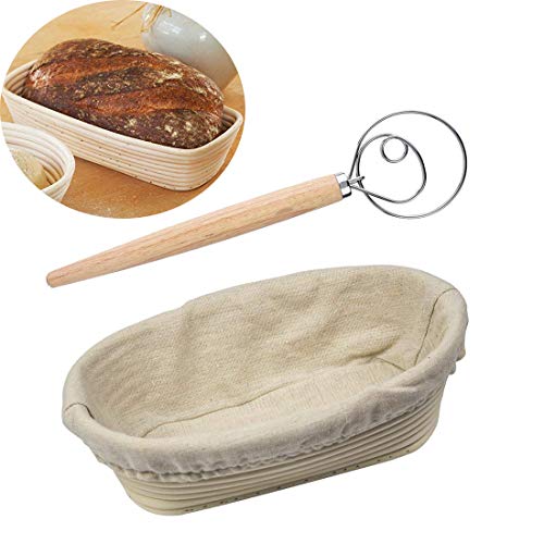 ABeauty Oval Proofing Basket Bread Sourdough Dough Banneton Proofing Basket Rattan Proofing Bowl with 13 Inch Danish Dough Whisk Mixer Blender Oval 25x15x8cm