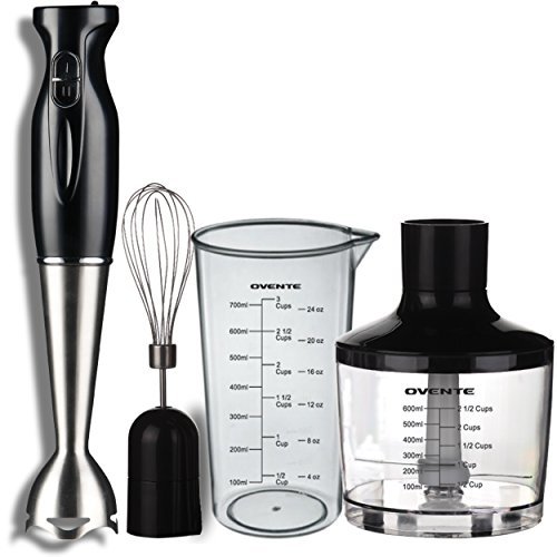 Ovente 4 in 1 Immersion Hand Blender Set with 3 Premium Attachments of BPA-Free Food Processor Egg Whisk and Mixing Beaker 300 Watts 304 Grade Stainless Steel Black HS585B