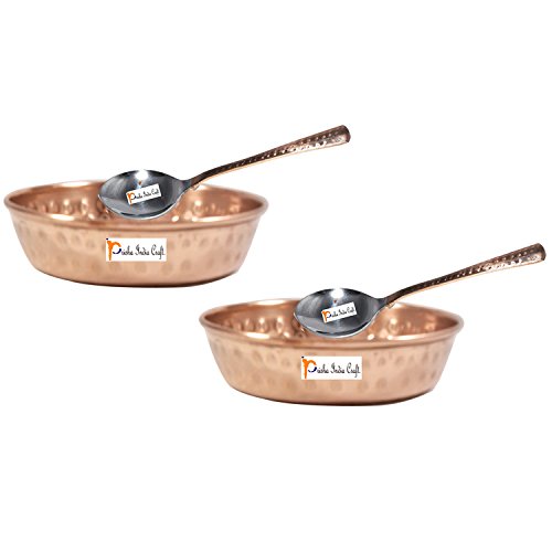 Set of 2 - Prisha India Craft Handmade 100 Pure Copper Bowl Spoon Set Hammered Dinner Bowl Pudding Katoris and Spoon - Dia 45 x Height 110- Christmas Gift with WOODEN KEYRING
