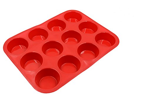 12 Cup Silicone Muffin Pan by ULee - Non-Stick Silicone Cupcake Pan - BPA Free Silicone Baking Mold - Dishwasher Safe 1 Red