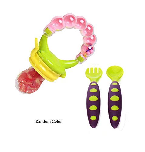 KateDy Baby Fruit Feeder Pacifier for Fresh Food Vegetable Fruit Feeding with Baby Fork and Spoon SetPerfect Size for Babies Kids Toddlers Self Feeding Random Color