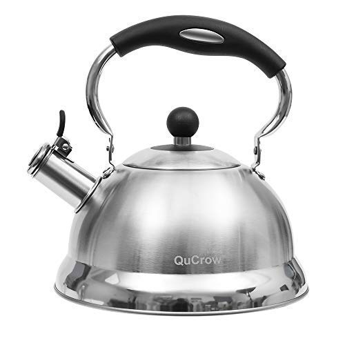 QuCrow Whistling Tea Kettle with Heat-Proof Handle Kitchen Grade Stainless Steel Teapot Stovetops 3 Quart Silver