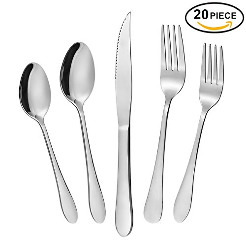 Hippih Flatware Food Grade Stainless Steel 4 Set 20 Piece Anti-Scald Metal Cutlery Set and Dinner Tableware Sliverware each set include 2 x Forks 2 x Spoons 1 x Knife