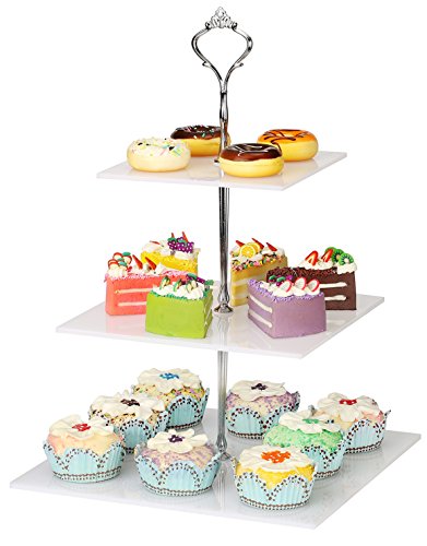 YestBuy 3 Tier Square White Acrylic Handle Cupcake Stand Silver Crown