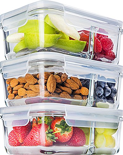 3-Pack Glass Meal Prep Containers Glass 2 Compartment - Glass Food Storage Containers - Glass Storage Containers with Lids - Divided Glass Lunch Containers Food Container - Glass Food Containers