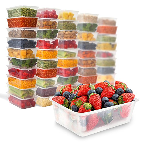 50 Plastic Food Storage Containers with Lids - Plastic Food Containers Meal Prep Containers Food Prep Freezer Containers with Lids - Plastic Containers with Lids Deli Containers With Lids 25oz