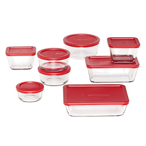 Anchor Hocking Classic Glass Food Storage Containers with Lids Red 16-Piece Set