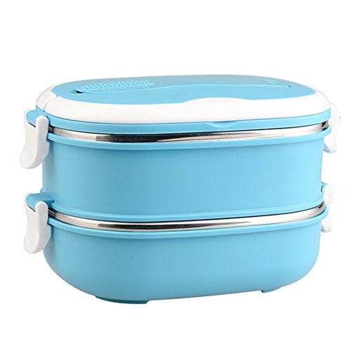 MrDakai Stainless Steel Insulated Square Lunch Box for Children Kids and Adult Portable Picnic Storage Boxes School Student Food Container with Spoon Blue 2 Tier