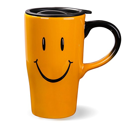 Minigift MN1001 Travel Cup Tea Coffee Mug Beautiful Ceramic Cups with Lid，Handmade Milk Mug as Gift 16oz for Women Men Kids-Orange Smile Face