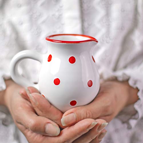 City to Cottage Handmade White and Red Polka Dot Ceramic Creamer Milk Jug Pourer Pitcher Jug Pottery Housewarming Gift for Tea Coffee Lovers