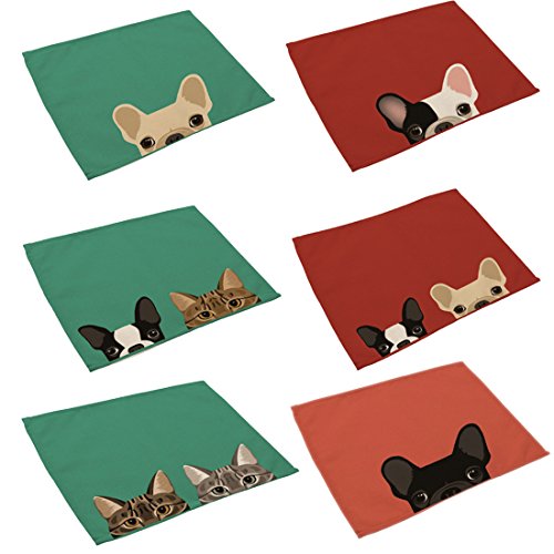 Cotton Linen Placemats YIFAN Set of 6 Cute Dog Cat Pattern Dining Table Mats for Kitchen
